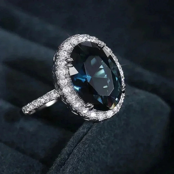 ▶Noble Hollow Anillos Super Large Oval Pure Royal Blue CZ Silver Ring, L263 - Picture 7 of 7